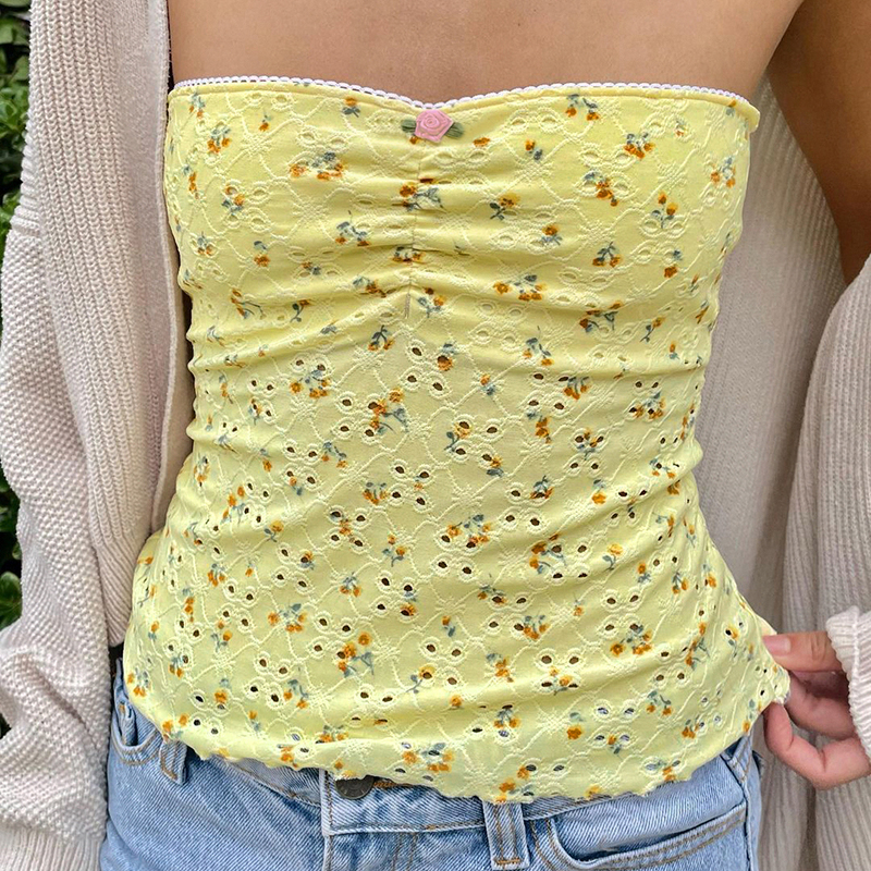 Strapless Yellow Floral Textured Top - Summer Pastoral Style for Vacation, Fresh Forest Vibe, Perfect for Y2K and 90s Fashion