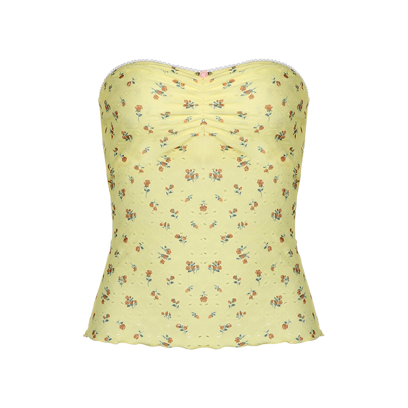 Strapless Yellow Floral Textured Top - Summer Pastoral Style for Vacation, Fresh Forest Vibe, Perfect for Y2K and 90s Fashion