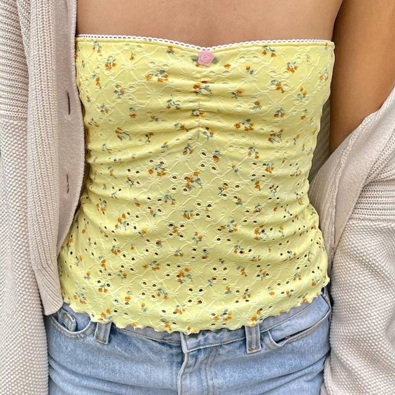 Strapless Yellow Floral Textured Top - Summer Pastoral Style for Vacation, Fresh Forest Vibe, Perfect for Y2K and 90s Fashion Strapless Yellow Floral Textured Top - Summer Pastoral Style for Vacation, Fresh Forest Vibe, Perfect for Y2K and 90s Fashion
