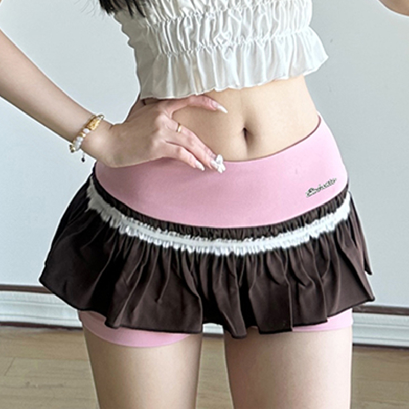 Strawberry Chocolate Color Block Lace Spliced Low Waist Hot Girl Casual Shorts - Trendy Y2K Sportswear for Summer
