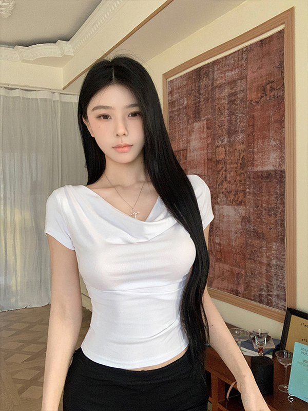 Stretchy Slim-Fit Cropped Short-Sleeve T-Shirt for K-Pop Dance - Sexy Jazz Top for Trendy Korean Style