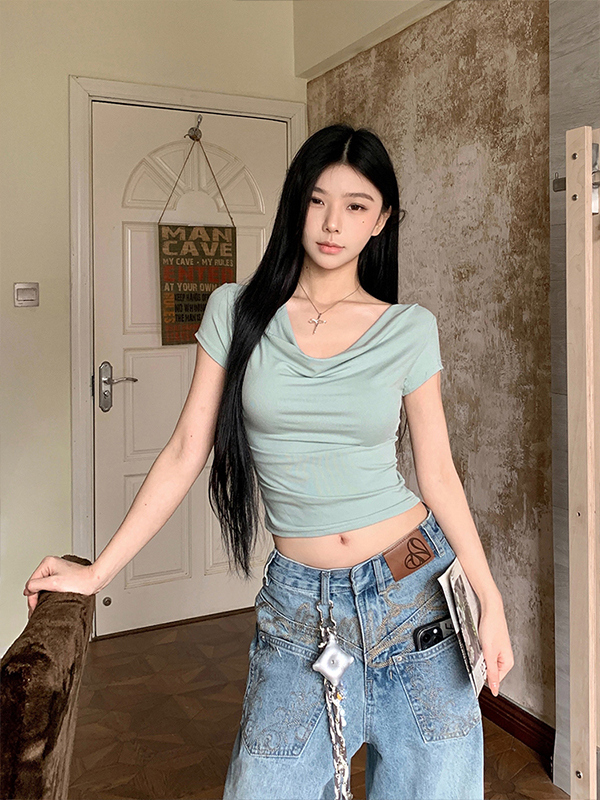 Stretchy Slim-Fit Cropped Short-Sleeve T-Shirt for K-Pop Dance - Sexy Jazz Top for Trendy Korean Style