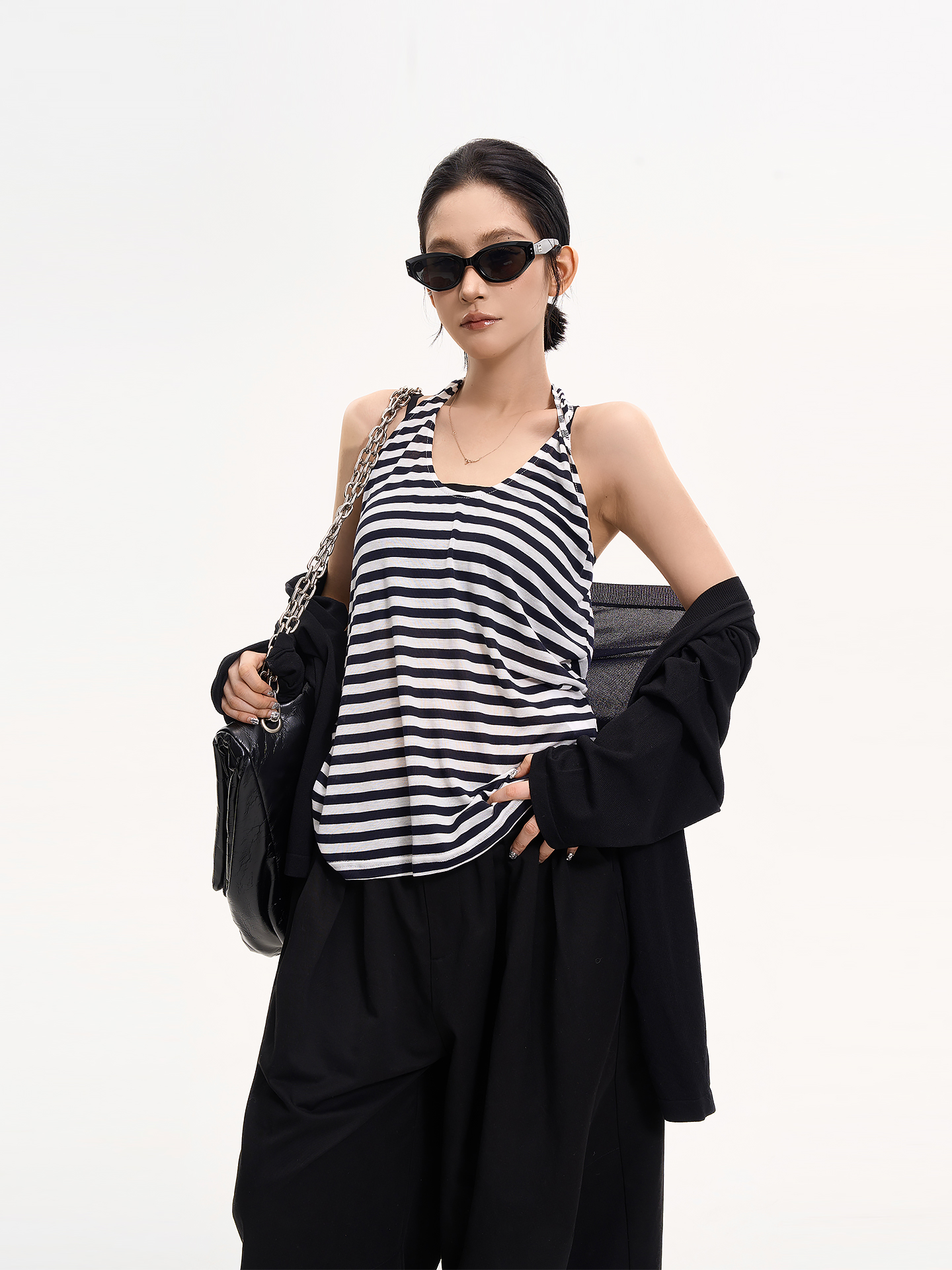 Striped Halter Sleeveless Off-Shoulder Tank Top for Women - Summer Casual Slimming Versatile Korean Style Fashion