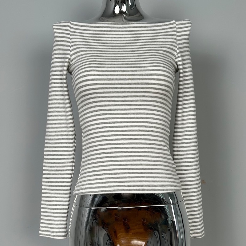 Striped Off-Shoulder Bodycon T-Shirt for Women - Long Sleeve, Sexy Tight-Fitting, Age-Reducing Korean Style Fashion Striped Off-Shoulder Bodycon T-Shirt for Women - Long Sleeve, Sexy Tight-Fitting, Age-Reducing Korean Style Fashion