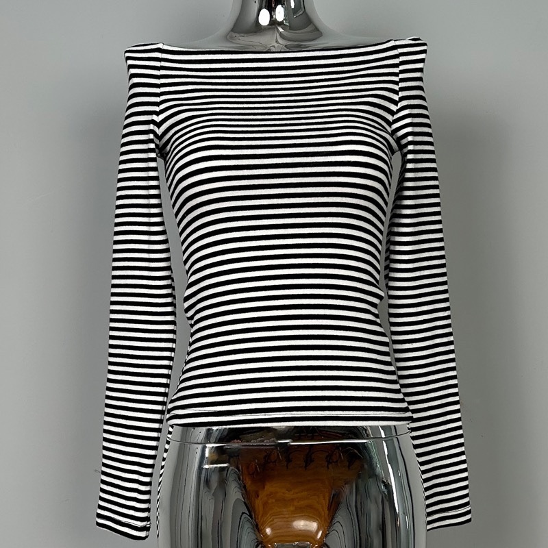 Striped Off-Shoulder Bodycon T-Shirt for Women - Long Sleeve, Sexy Tight-Fitting, Age-Reducing Korean Style Fashion