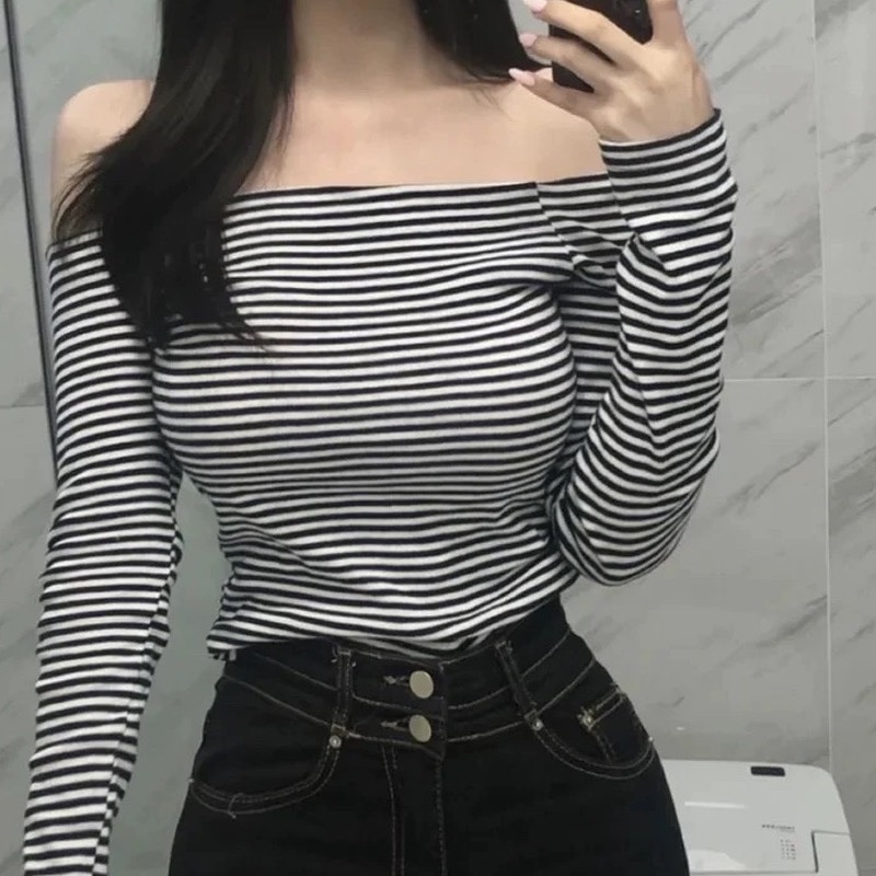 Striped Off-Shoulder Bodycon T-Shirt for Women - Long Sleeve, Sexy Tight-Fitting, Age-Reducing Korean Style Fashion