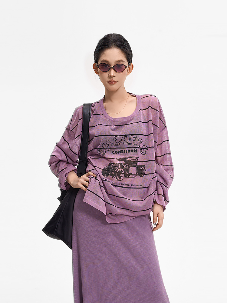Striped Semi-Sheer Knitted Top for Women - Round Neck Loose Blouse - Summer Korean Lazy Style Sun Protection Cover-Up