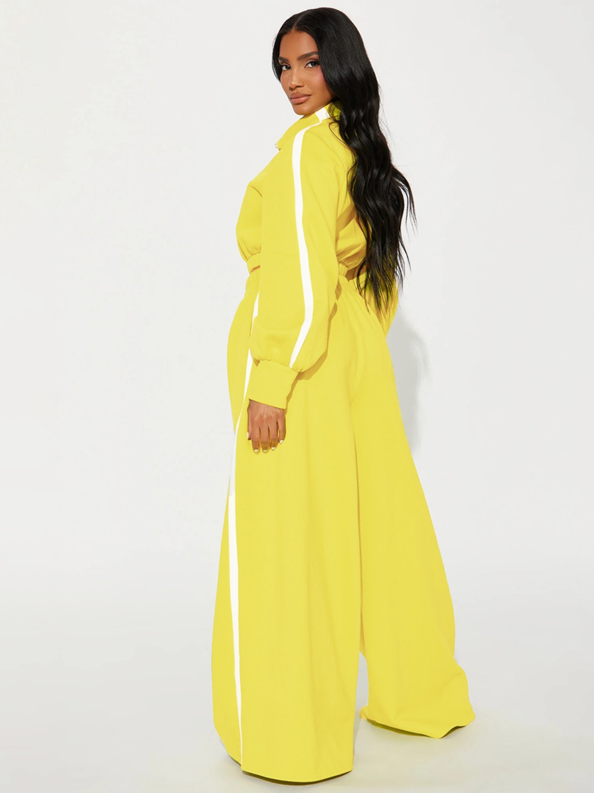 Striped Spliced Zipper Cardigan with Long Sleeve Top & High-Waisted Flared Pants Two-Piece Set - European American INS Style Striped Spliced Zipper Cardigan with Long Sleeve Top & High-Waisted Flared Pants Two-Piece Set - European American INS Style