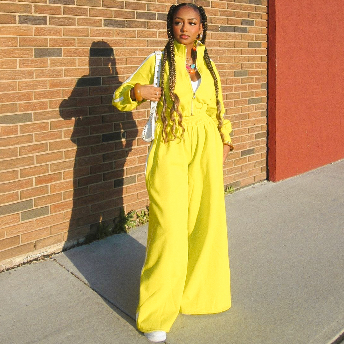 Striped Spliced Zipper Cardigan with Long Sleeve Top & High-Waisted Flared Pants Two-Piece Set - European American INS Style Striped Spliced Zipper Cardigan with Long Sleeve Top & High-Waisted Flared Pants Two-Piece Set - European American INS Style