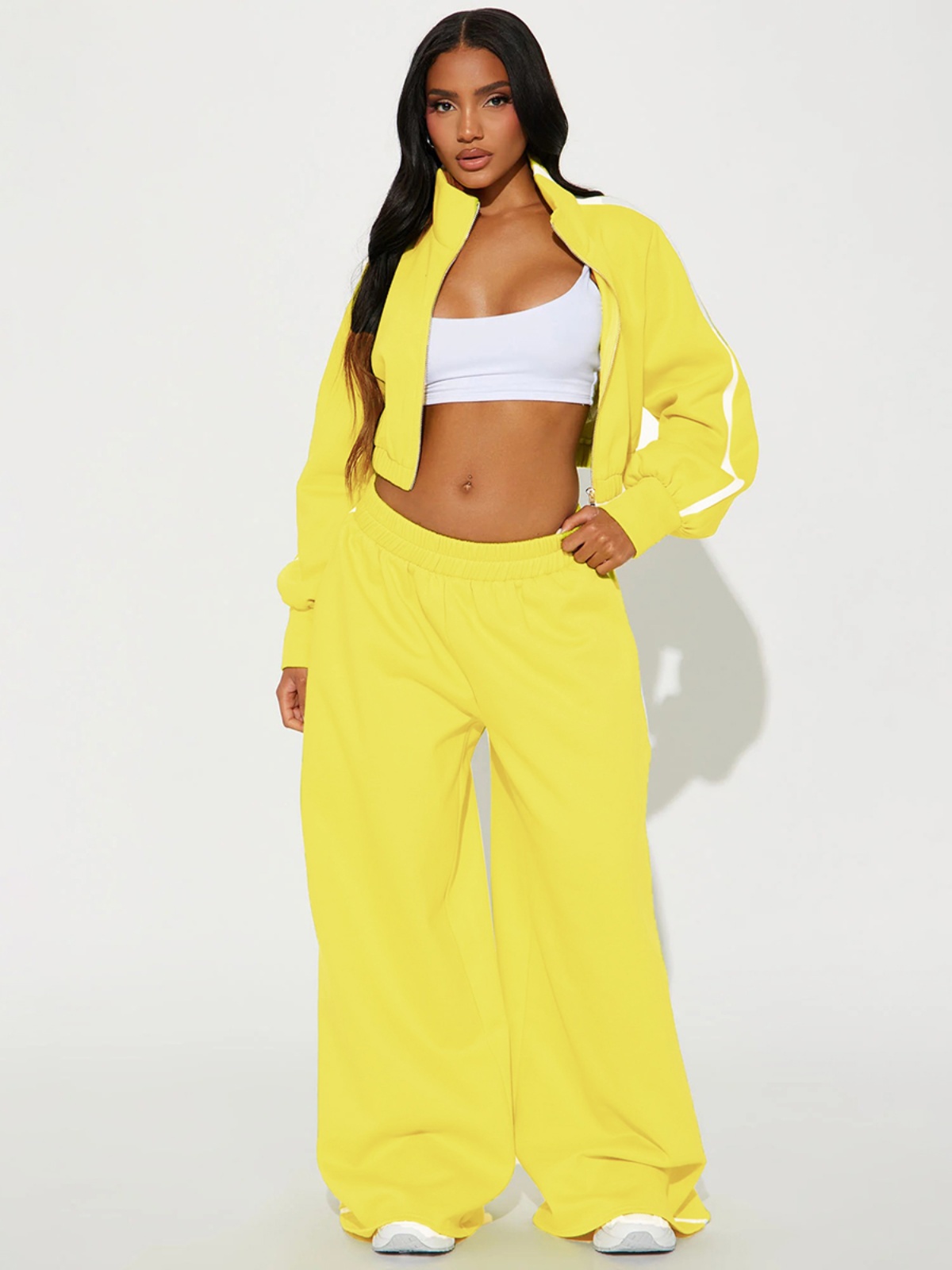 Striped Spliced Zipper Cardigan with Long Sleeve Top & High-Waisted Flared Pants Two-Piece Set - European American INS Style Striped Spliced Zipper Cardigan with Long Sleeve Top & High-Waisted Flared Pants Two-Piece Set - European American INS Style