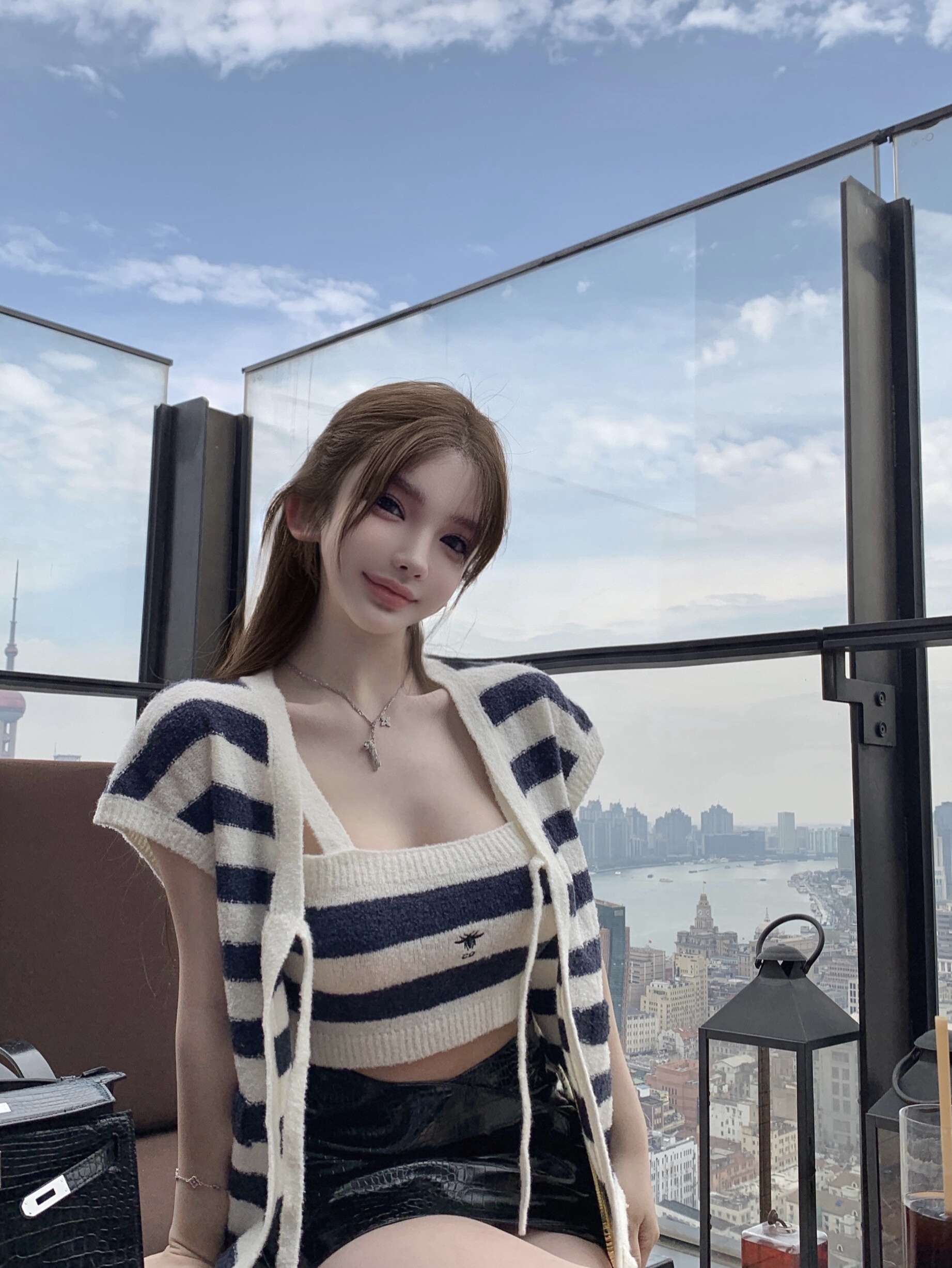 Striped Yarn Bee Embroidered Knitted Camisole Cardigan - 90s Inspired Manhattan Holiday Style