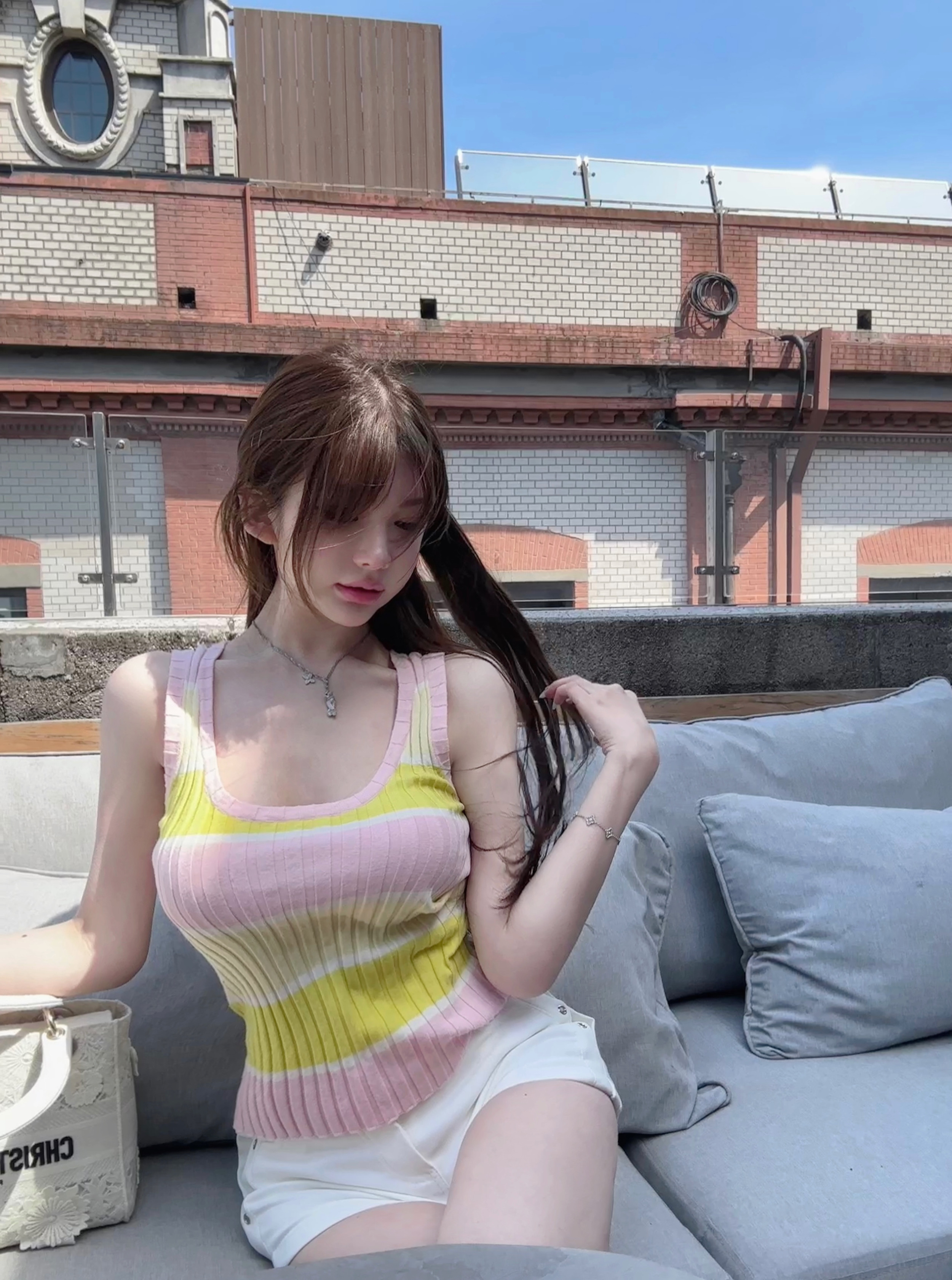 Striped Yellow Powder Stretch Slimming Tank Top - Energetic Casual Style for Summer, 90s Inspired Fashion