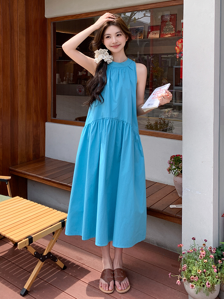 Stunning Blue Sleeveless Halter Dress for Women - Summer 2025 Relaxed Vacation Long Skirt, Fairy Style, Perfect for Y2K Aesthetic