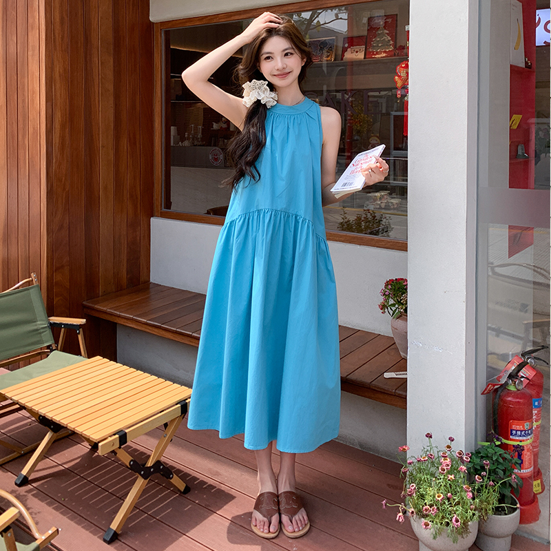 Stunning Blue Sleeveless Halter Dress for Women - Summer 2025 Relaxed Vacation Long Skirt, Fairy Style, Perfect for Y2K Aesthetic