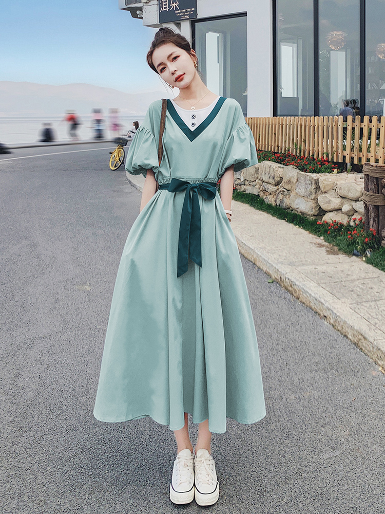 Stunning Green Bubble Sleeve Dress for Women, Summer 2025, High-End Feel, Youthful Temperament, Long One-Piece Dress