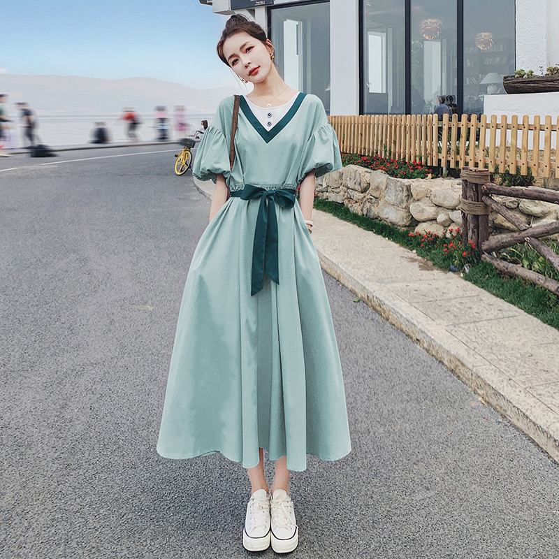 Stunning Green Bubble Sleeve Dress for Women, Summer 2025, High-End Feel, Youthful Temperament, Long One-Piece Dress