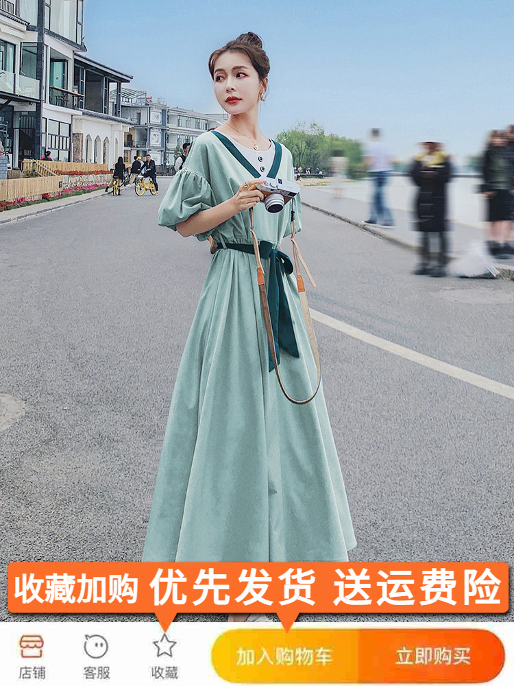 Stunning Green Bubble Sleeve Dress for Women, Summer 2025, High-End Feel, Youthful Temperament, Long One-Piece Dress Stunning Green Bubble Sleeve Dress for Women, Summer 2025, High-End Feel, Youthful Temperament, Long One-Piece Dress