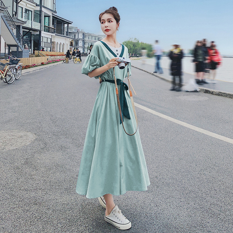Stunning Green Bubble Sleeve Dress for Women, Summer 2025, High-End Feel, Youthful Temperament, Long One-Piece Dress Stunning Green Bubble Sleeve Dress for Women, Summer 2025, High-End Feel, Youthful Temperament, Long One-Piece Dress