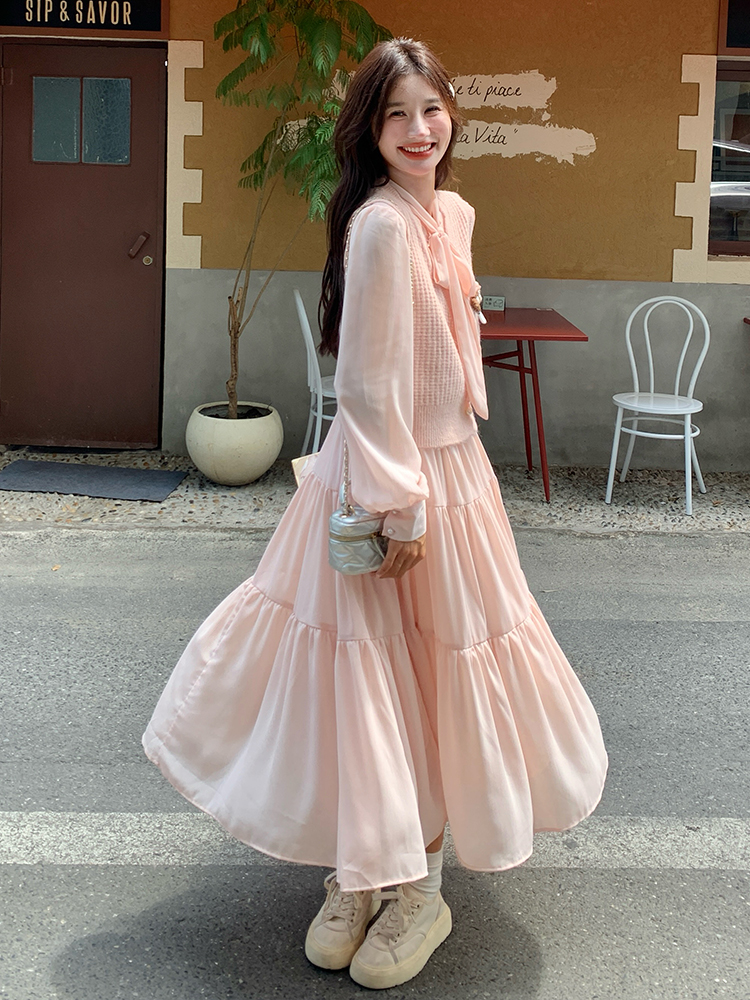 Stunning Korean Style Vest and Pink Dress Set for Women - Trendy Spring Autumn 2025 OOTD with Long Skirt
