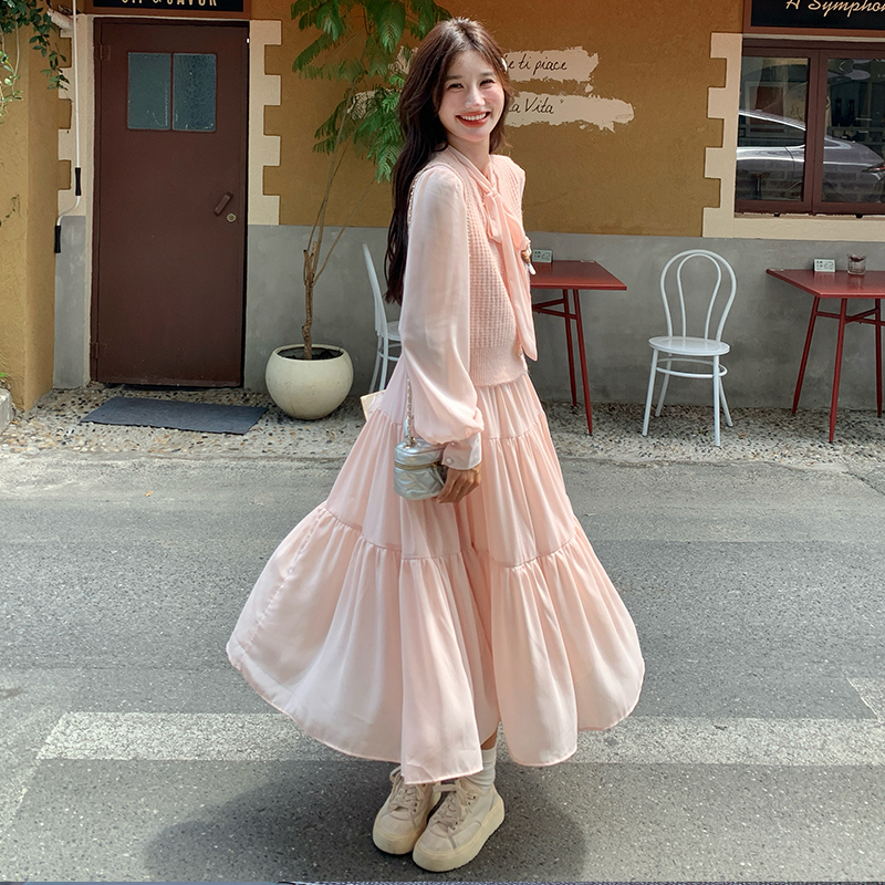 Stunning Korean Style Vest and Pink Dress Set for Women - Trendy Spring Autumn 2025 OOTD with Long Skirt