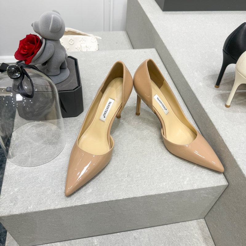 Stunning Pointed Toe Side Cutout Nude Patent Leather Super High Heel Shoes - 2025 Spring Fashion