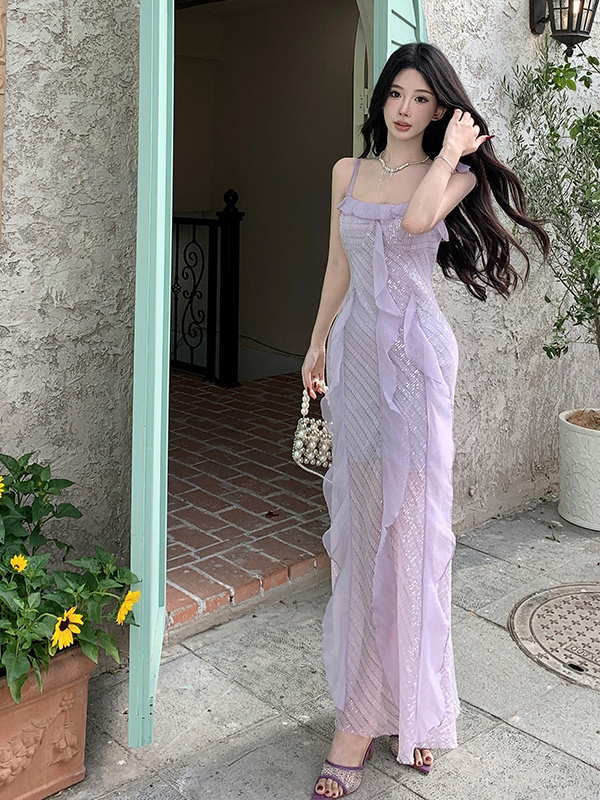 Stunning Purple Ruffled Sequin Spaghetti Strap Fairy Dress - French Style Seaside Vacation Gown for Elegant Ambiance Stunning Purple Ruffled Sequin Spaghetti Strap Fairy Dress - French Style Seaside Vacation Gown for Elegant Ambiance