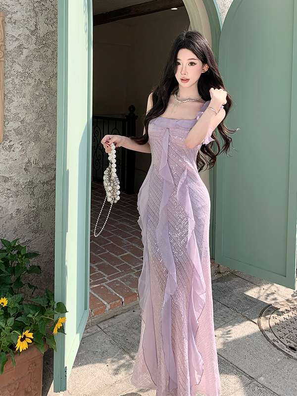 Stunning Purple Ruffled Sequin Spaghetti Strap Fairy Dress - French Style Seaside Vacation Gown for Elegant Ambiance