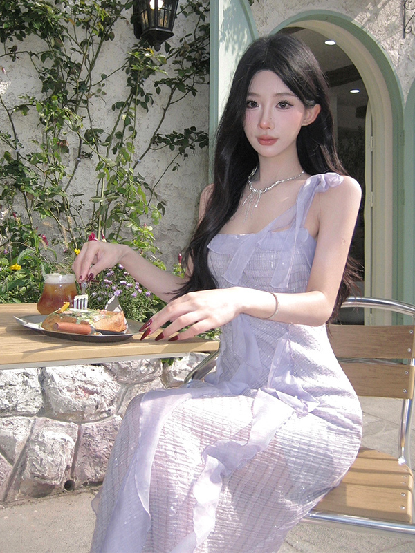 Stunning Purple Ruffled Sequin Spaghetti Strap Fairy Dress - French Style Seaside Vacation Gown for Elegant Ambiance Stunning Purple Ruffled Sequin Spaghetti Strap Fairy Dress - French Style Seaside Vacation Gown for Elegant Ambiance