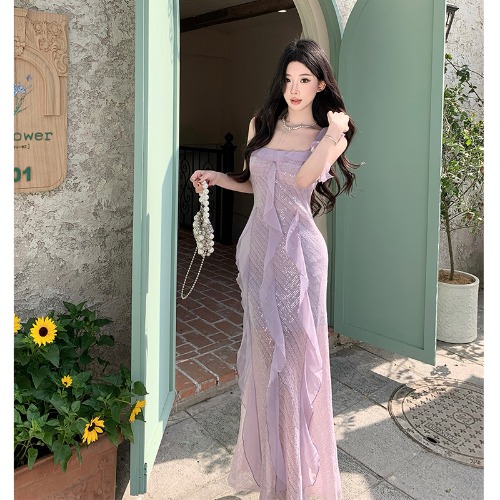 Stunning Purple Ruffled Sequin Spaghetti Strap Fairy Dress - French Style Seaside Vacation Gown for Elegant Ambiance
