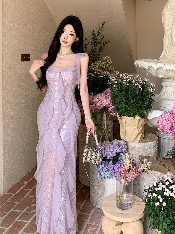 Stunning Purple Ruffled Sequin Spaghetti Strap Fairy Dress - French Style Seaside Vacation Gown for Elegant Ambiance Stunning Purple Ruffled Sequin Spaghetti Strap Fairy Dress - French Style Seaside Vacation Gown for Elegant Ambiance