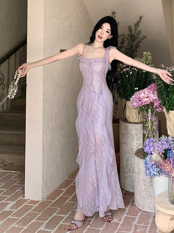 Stunning Purple Ruffled Sequin Spaghetti Strap Fairy Dress - French Style Seaside Vacation Gown for Elegant Ambiance Stunning Purple Ruffled Sequin Spaghetti Strap Fairy Dress - French Style Seaside Vacation Gown for Elegant Ambiance