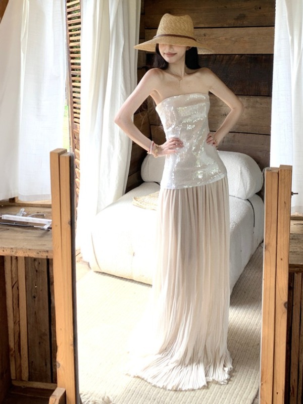 Stunning Strapless Sequin Long Dress for Women - High-End Floor-Length Evening Gown for Summer Beach Vacation Socialite Style