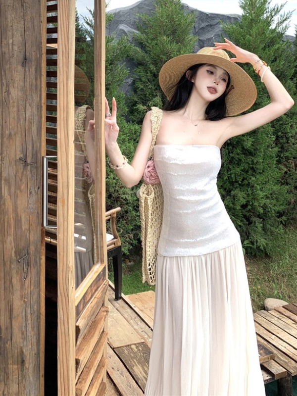 Stunning Strapless Sequin Long Dress for Women - High-End Floor-Length Evening Gown for Summer Beach Vacation Socialite Style