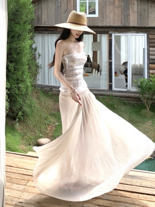 Stunning Strapless Sequin Long Dress for Women - High-End Floor-Length Evening Gown for Summer Beach Vacation Socialite Style Stunning Strapless Sequin Long Dress for Women - High-End Floor-Length Evening Gown for Summer Beach Vacation Socialite Style