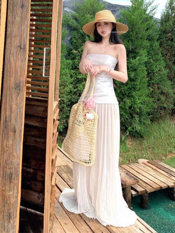 Stunning Strapless Sequin Long Dress for Women - High-End Floor-Length Evening Gown for Summer Beach Vacation Socialite Style Stunning Strapless Sequin Long Dress for Women - High-End Floor-Length Evening Gown for Summer Beach Vacation Socialite Style