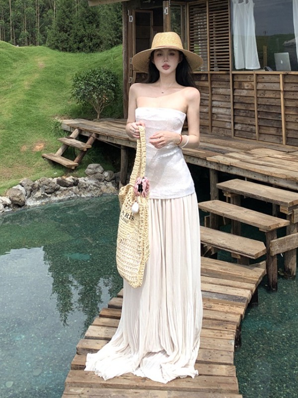 Stunning Strapless Sequin Long Dress for Women - High-End Floor-Length Evening Gown for Summer Beach Vacation Socialite Style Stunning Strapless Sequin Long Dress for Women - High-End Floor-Length Evening Gown for Summer Beach Vacation Socialite Style