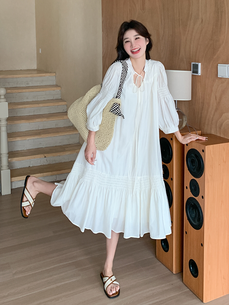 Stunning White Three-Quarter Sleeve Dress for Women - Relaxed Fit Long Skirt, Perfect for Summer 2025 Vacation & Fairy Style