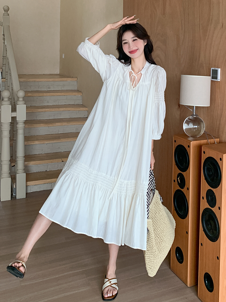 Stunning White Three-Quarter Sleeve Dress for Women - Relaxed Fit Long Skirt, Perfect for Summer 2025 Vacation & Fairy Style Stunning White Three-Quarter Sleeve Dress for Women - Relaxed Fit Long Skirt, Perfect for Summer 2025 Vacation & Fairy Style
