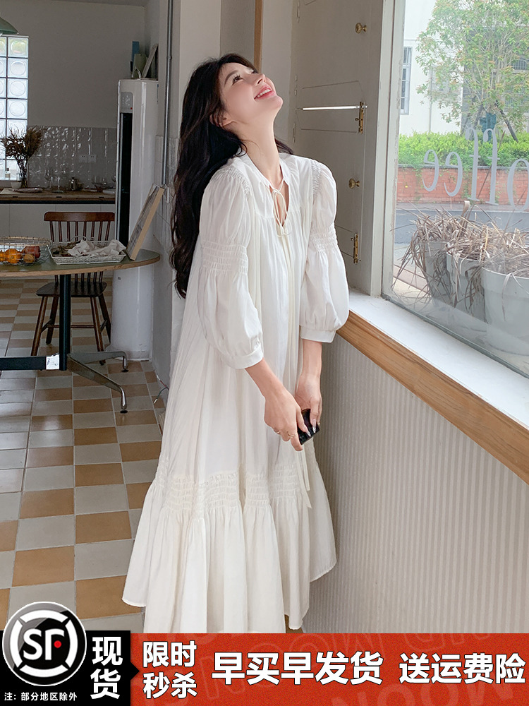 Stunning White Three-Quarter Sleeve Dress for Women - Relaxed Fit Long Skirt, Perfect for Summer 2025 Vacation & Fairy Style Stunning White Three-Quarter Sleeve Dress for Women - Relaxed Fit Long Skirt, Perfect for Summer 2025 Vacation & Fairy Style