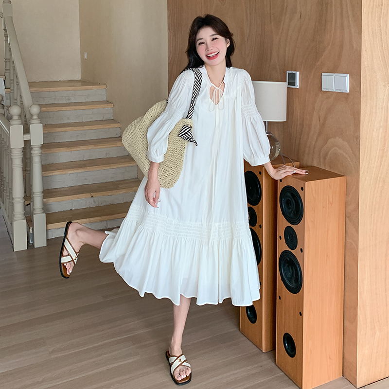 Stunning White Three-Quarter Sleeve Dress for Women - Relaxed Fit Long Skirt, Perfect for Summer 2025 Vacation & Fairy Style