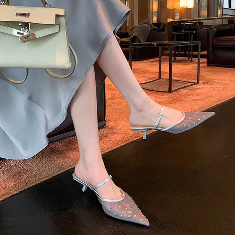 Stylish Genuine Leather Open-Back Sandals for Women - Pointed Toe, One-Strap, High Heels for Summer Outdoor Wear