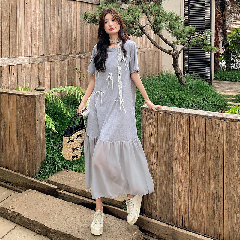 Stylish Gray T-Shirt Dress for Women, Summer 2025, Relaxed Fit with Mermaid Ankle-Length Skirt, Trendy and Chic Fashion.