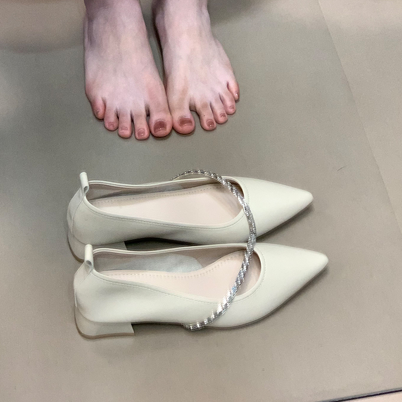 Stylish Ocean One Pointed Toe Chunky Low Heel Rhinestone Strap Shallow Mouth Women's Shoes - 2025 French Style Evening Commuting Footwear