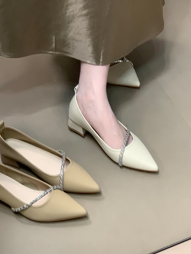 Stylish Ocean One Pointed Toe Chunky Low Heel Rhinestone Strap Shallow Mouth Women's Shoes - 2025 French Style Evening Commuting Footwear