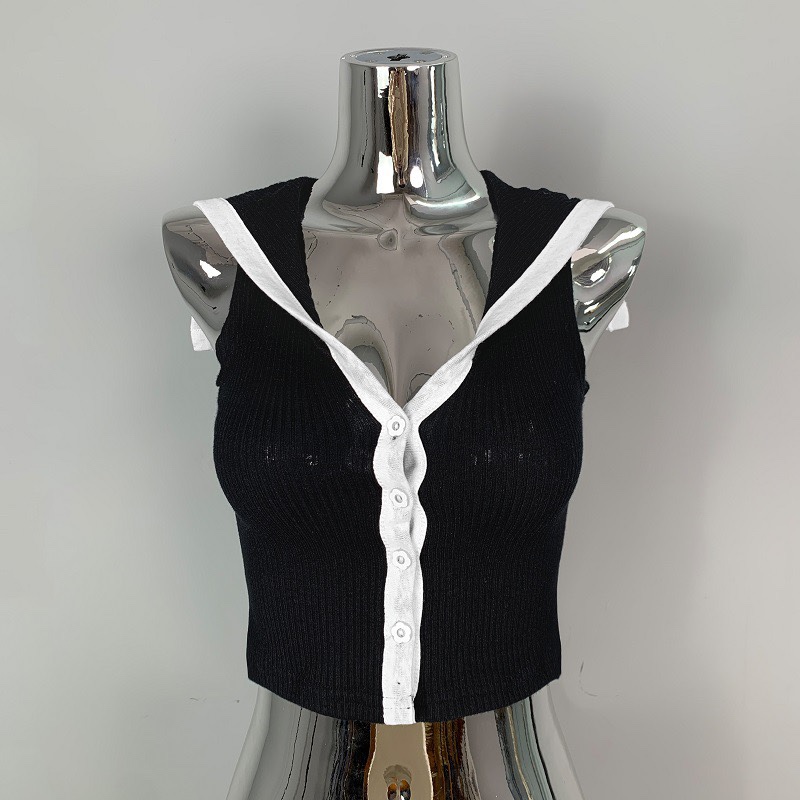 Stylish Women's Sleeveless Shawl Cardigan T-Shirt with Navy Collar and Color-Blocking Edge - Korean Dongdaemun Fashion