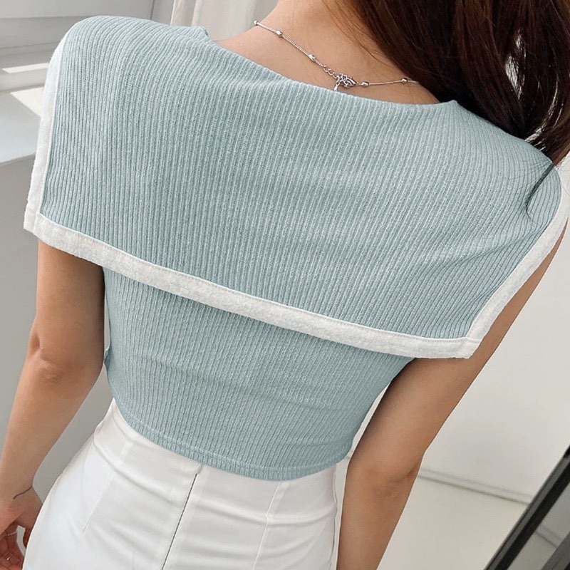 Stylish Women's Sleeveless Shawl Cardigan T-Shirt with Navy Collar and Color-Blocking Edge - Korean Dongdaemun Fashion Stylish Women's Sleeveless Shawl Cardigan T-Shirt with Navy Collar and Color-Blocking Edge - Korean Dongdaemun Fashion