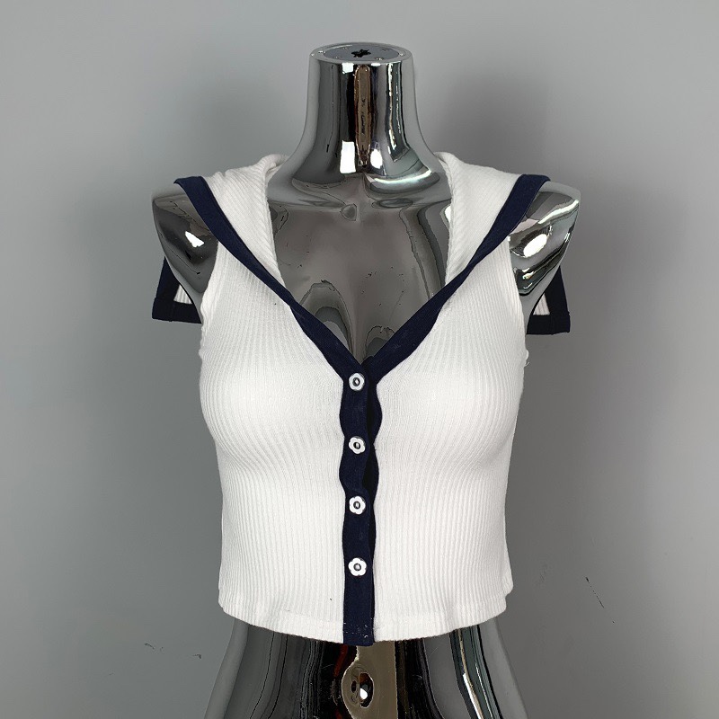 Stylish Women's Sleeveless Shawl Cardigan T-Shirt with Navy Collar and Color-Blocking Edge - Korean Dongdaemun Fashion Stylish Women's Sleeveless Shawl Cardigan T-Shirt with Navy Collar and Color-Blocking Edge - Korean Dongdaemun Fashion