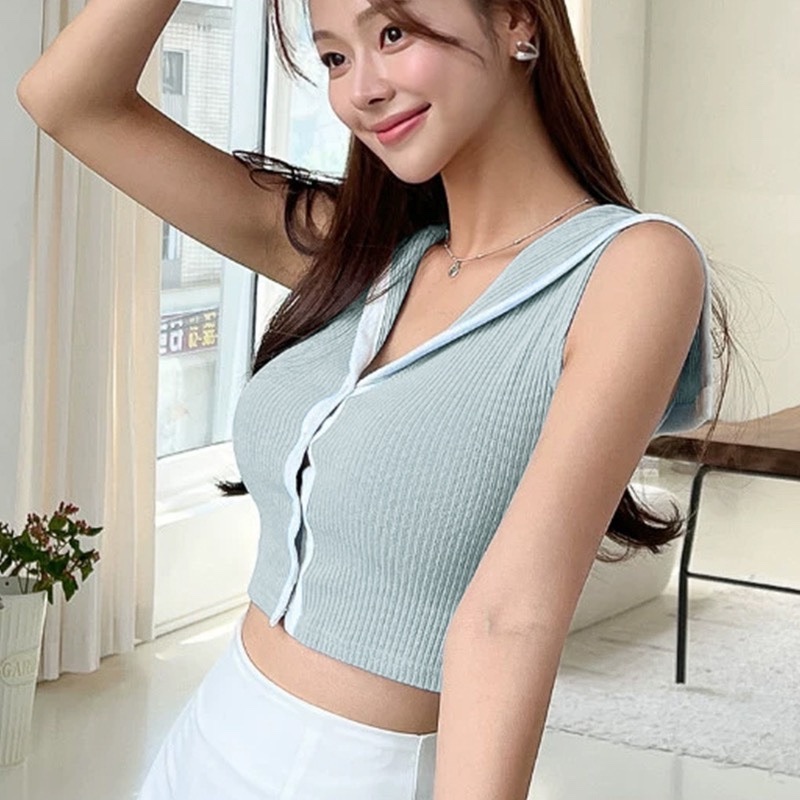 Stylish Women's Sleeveless Shawl Cardigan T-Shirt with Navy Collar and Color-Blocking Edge - Korean Dongdaemun Fashion Stylish Women's Sleeveless Shawl Cardigan T-Shirt with Navy Collar and Color-Blocking Edge - Korean Dongdaemun Fashion