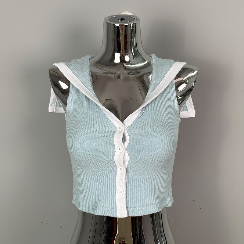 Stylish Women's Sleeveless Shawl Cardigan T-Shirt with Navy Collar and Color-Blocking Edge - Korean Dongdaemun Fashion Stylish Women's Sleeveless Shawl Cardigan T-Shirt with Navy Collar and Color-Blocking Edge - Korean Dongdaemun Fashion