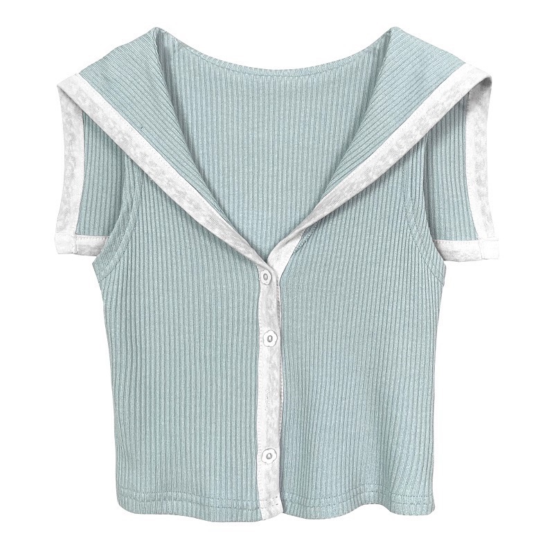 Stylish Women's Sleeveless Shawl Cardigan T-Shirt with Navy Collar and Color-Blocking Edge - Korean Dongdaemun Fashion Stylish Women's Sleeveless Shawl Cardigan T-Shirt with Navy Collar and Color-Blocking Edge - Korean Dongdaemun Fashion